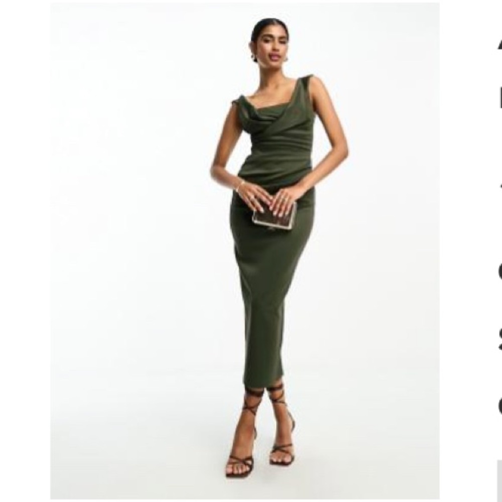 ASOS DESIGN square neck pleat bust midi pencil dress in deep green